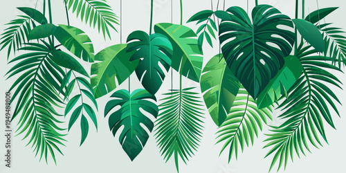 Tropical green leaves hanging from top border, vector