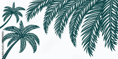 Tropical palm trees and exotic leaf illustration, vector