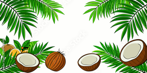 Tropical frame with coconuts and palm leaves, vector