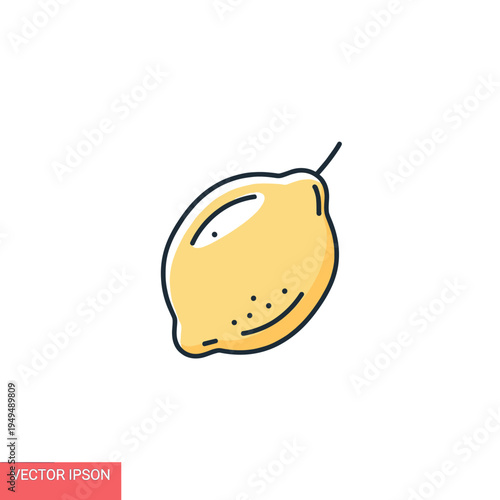 A simple, stylized illustration of a single yellow lemon with a stem against a white background.