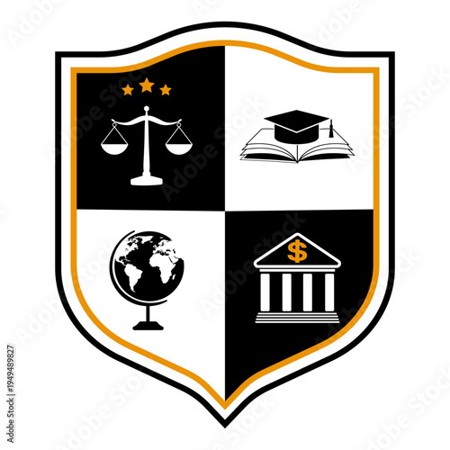 Illustration of a shield with design elements of education and the judicial system on a white background