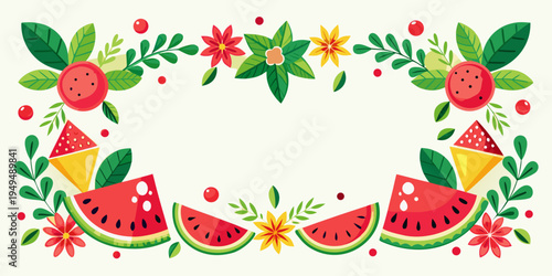 Colorful summer watermelon and floral border frame, vector