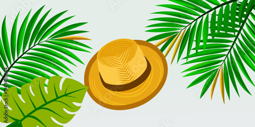 Tropical straw hat with palm and monstera leaves, vector