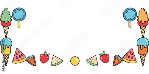 Summer ice cream and fruit cartoon frame template, vector