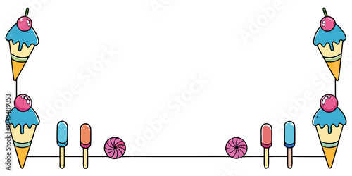 Hand drawn colorful sweet ice cream dessert border, vector