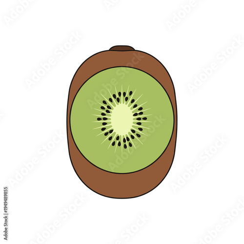 A top-down illustration of a ripe kiwi fruit, showcasing its vibrant green flesh and characteristic black seeds arranged in a circular pattern.
