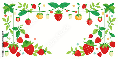 Red strawberries hanging on decorative vines, vector
