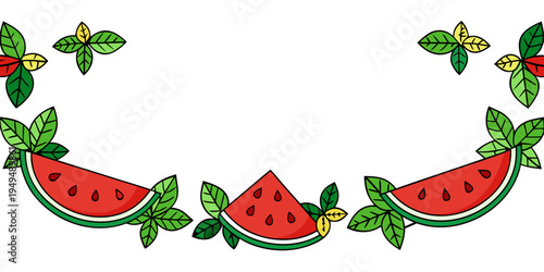 Fresh watermelon fruit slices with leaves, vector