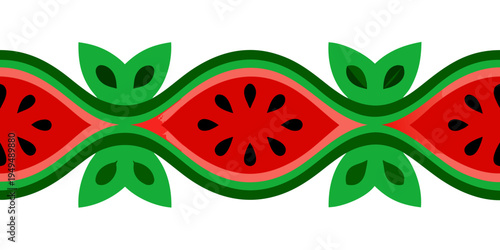 Seamless stylized watermelon fruit pattern border design, vector