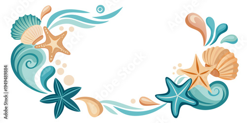 Decorative marine border with seashells and starfish, vector