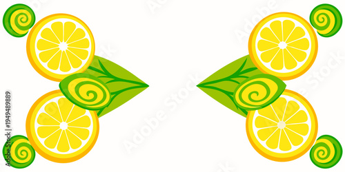 Symmetrical lemon slices and green leaves illustration, vector