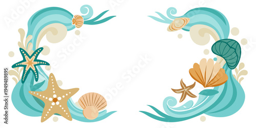Ocean wave and sea life decorative border frame, vector