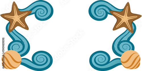 Nautical ocean border with starfish and shells, vector