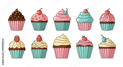 Colorful cupcake collection variety of decorated desserts for design projects