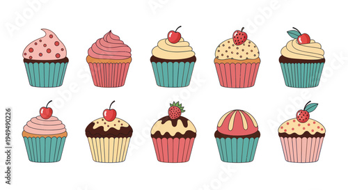 Colorful cupcakes array isolated dessert collection for design and display