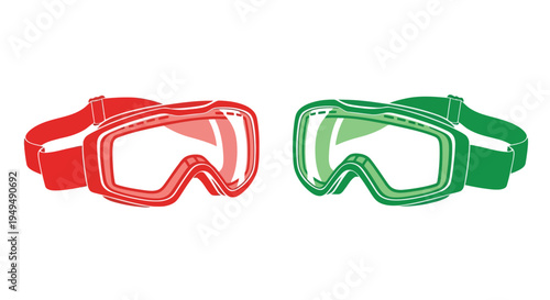 Red and green ski goggles shown in a side by side illustration