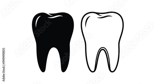 Two tooth illustrations one solid black one white outline