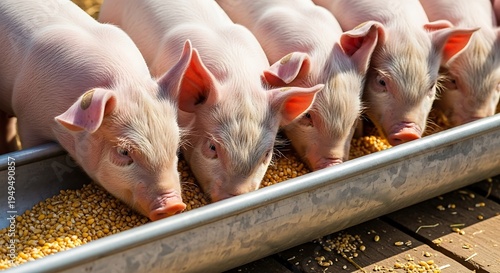 Adorable piglets gathered together eating corn from a metal trough on a sunny day