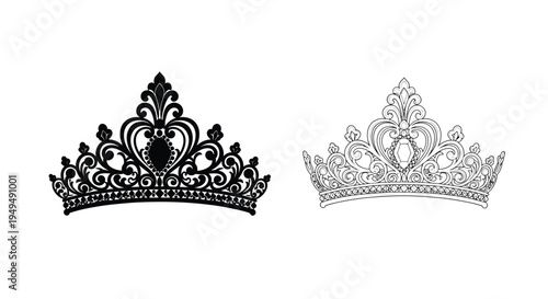 Two ornate crowns depicted in black and white line art illustrations