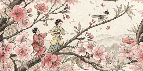 Two people in traditional clothing sitting among cherry blossom branches with a perched songbird