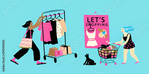 Two women enjoying a fun day of shopping with clothing racks and a full cart against blue background