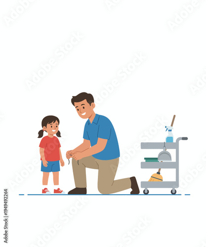 father teaching daughter to tie shoelaces flat design vector illustration