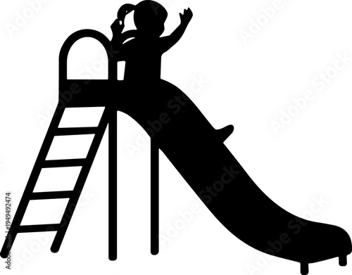 Child sliding down playground slide silhouette icon vector illustration featuring outdoor play, recreation, and joyful childhood motifs