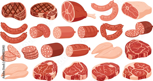 Raw meat and sausage vector set. Beef steaks, chicken fillets, ham and sliced salami collection. Butcher shop protein food ingredients illustration.