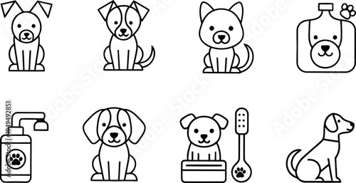 Cute dog illustrations and pet grooming icons