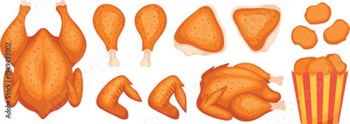Fried chicken food set. Crispy chicken wings, drumsticks, roasted chicken and nuggets bucket. Fast food poultry vector illustration collection.