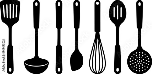 Kitchen utensils silhouette icon vector illustration featuring spatula, ladle, spoon, whisk, skimmer, and cooking tool motifs