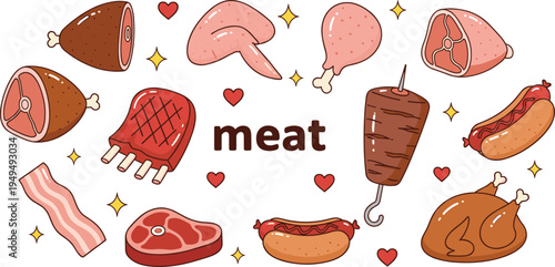 Meat food cartoon collection. Steak, bacon, sausages, chicken drumstick, kebab and ham pieces. Cute butcher meat vector illustration set.
