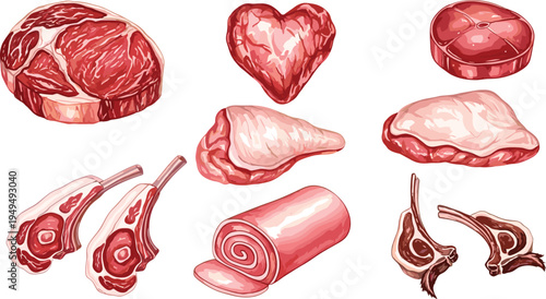 Raw meat cuts butcher diagram. Beef ribeye, lamb chop, pork tenderloin, goat chop, liver and turkey thigh. Butcher shop meat vector illustration set.