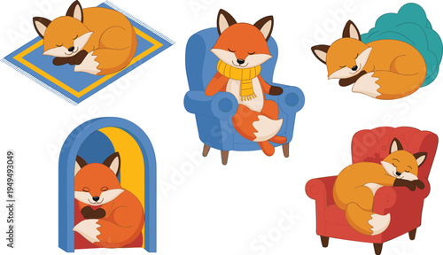 Cute sleeping fox cartoon collection, adorable woodland animal resting on chair rug and cozy places, nursery illustration vector set