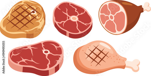 Butcher meat cuts set. Beef steaks, grilled steak and ham leg pieces isolated. Fresh meat butcher shop vector illustration collection.