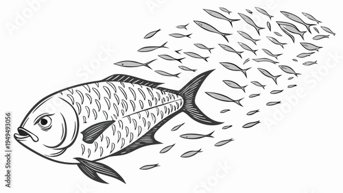 Vector illustration large fish leading a school of small fish illustration in black and white engraving style