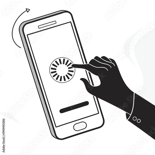 Vector illustration hand interacting with a smartphone screen showing a loading spinner icon