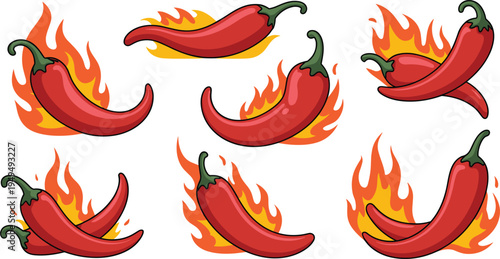 Spicy chili pepper flames, hot red pepper fire icons, burning jalapeno illustration, spicy food symbol, cartoon chili heat design