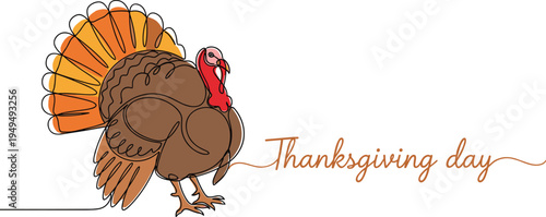 Thanksgiving turkey greeting banner. Hand drawn turkey with colorful autumn tail feathers and Thanksgiving day lettering. Minimal festive holiday vector illustration.