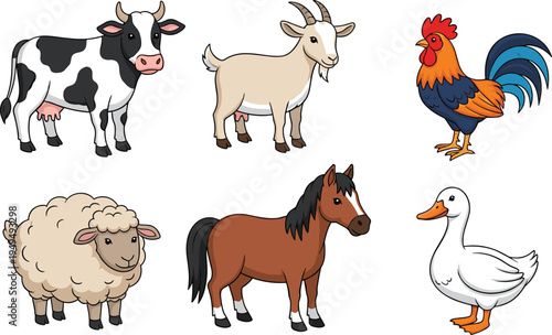 Farm animals cartoon set. Cute domestic livestock characters including cow, goat, rooster, sheep, horse and goose. Rural agriculture animal vector illustration collection.