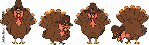 Thanksgiving turkey cartoon set with pilgrim hat. Cute festive turkey characters in different poses for holiday design, harvest celebration graphics and seasonal mascot illustration.