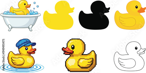 Cute rubber duck vector set. Cartoon bath duck icons in different styles including silhouette, pixel art, outline and bathtub scene. Baby toy illustration collection.