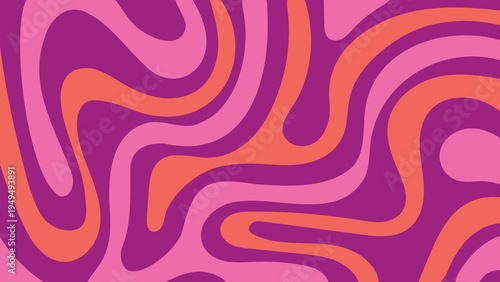 Seamless vector pattern with abstract wavy liquid shapes. Groovy retro background in vibrant pink, purple, and orange for textile, trendy apparel, and creative packaging design.
