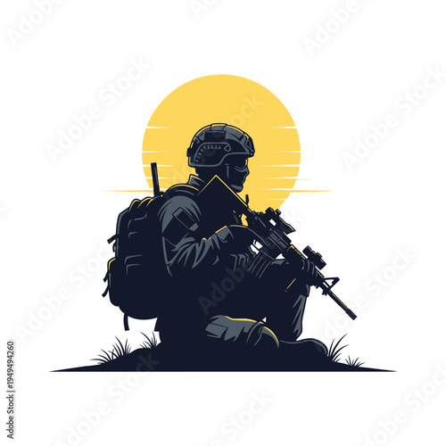 Soldier Crouching with Rifle, Sunset Silhouette, Military Theme