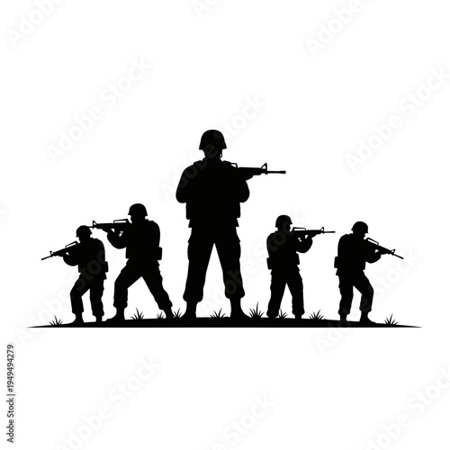 Silhouette Soldiers with Rifles on White Background