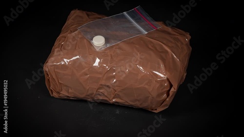 Illicit drugs seized from cartel narcotics smuggler at the border. Powder heroin and methamphetamines in brown package. Black drug market trade, narcotics distribution and substance criminal activity.