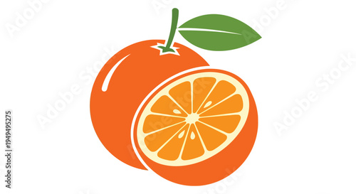 A vibrant illustration featuring a whole orange and a cut orange half