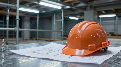 Orange Hard Hat on Blueprint in Construction Site