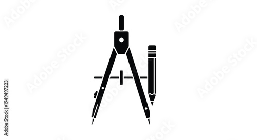 A black silhouette of a drafting compass and pencil on white