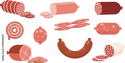 Sausage and salami deli meat set. Sliced sausage, ham cuts and smoked salami varieties. Butcher charcuterie meat products vector collection.